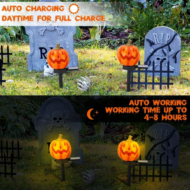 Alt view image 6 of 6 - 2 Pcs Halloween Solar Lights Pumpkin, Jack O Lantern Solar Lights | Orange Pumpkin Pathway Lights, Halloween Pumpkin Stakes, LED Solar Powered Waterproof, for Outdoor Yard Front Porch Decor