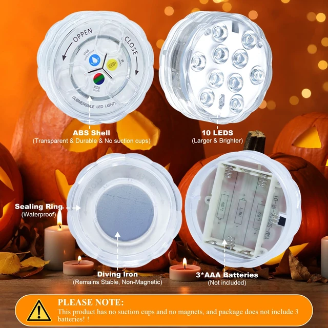 Alt view image 4 of 7 - Pumpkin Lights with Remote, Battery Operated Jack O Lantern Lights for Pumpkins, Halloween Decor, Puck, Bathtub, Hot Tub, Party, 4 Pack