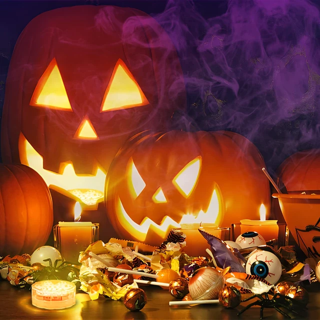 Alt view image 6 of 7 - Pumpkin Lights with Remote, Battery Operated Jack O Lantern Lights for Pumpkins, Halloween Decor, Puck, Bathtub, Hot Tub, Party, 4 Pack