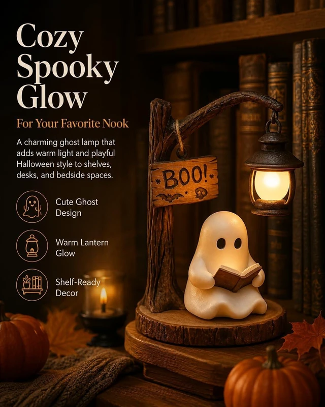 Alt view image 2 of 7 - Halloween Lamp Ghost Bookshelf Lantern Nightlight Reading Book Nook Night Light Witch Lamps Lighted Vintage Patchwork Cute Decor Heallily Campfire Boo Letter Spooky Glow Style Pumpkin