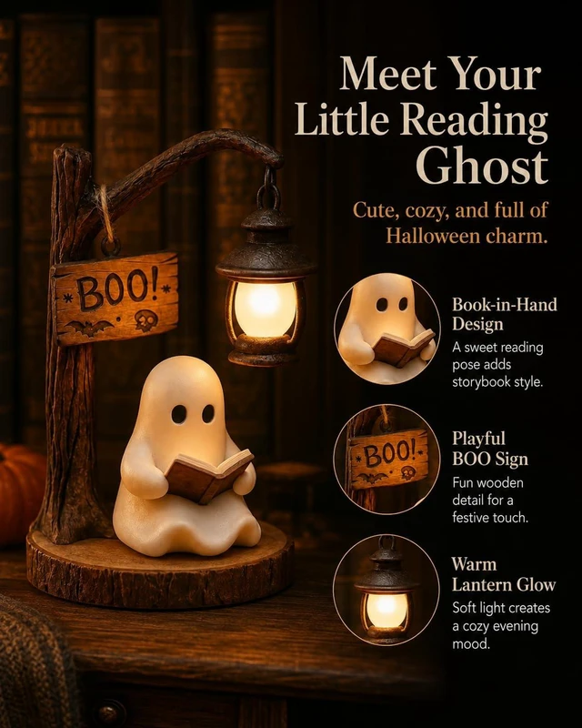 Alt view image 3 of 7 - Halloween Lamp Ghost Bookshelf Lantern Nightlight Reading Book Nook Night Light Witch Lamps Lighted Vintage Patchwork Cute Decor Heallily Campfire Boo Letter Spooky Glow Style Pumpkin