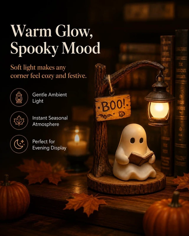 Alt view image 4 of 7 - Halloween Lamp Ghost Bookshelf Lantern Nightlight Reading Book Nook Night Light Witch Lamps Lighted Vintage Patchwork Cute Decor Heallily Campfire Boo Letter Spooky Glow Style Pumpkin