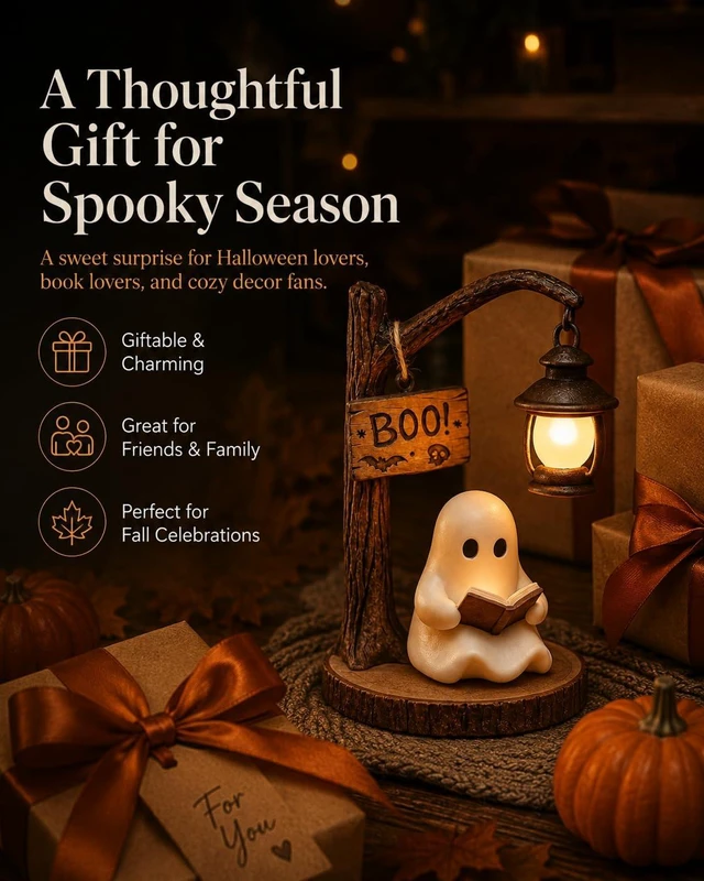 Alt view image 6 of 7 - Halloween Lamp Ghost Bookshelf Lantern Nightlight Reading Book Nook Night Light Witch Lamps Lighted Vintage Patchwork Cute Decor Heallily Campfire Boo Letter Spooky Glow Style Pumpkin