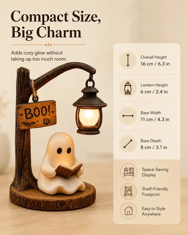 Alt view image 7 of 7 - Halloween Lamp Ghost Bookshelf Lantern Nightlight Reading Book Nook Night Light Witch Lamps Lighted Vintage Patchwork Cute Decor Heallily Campfire Boo Letter Spooky Glow Style Pumpkin