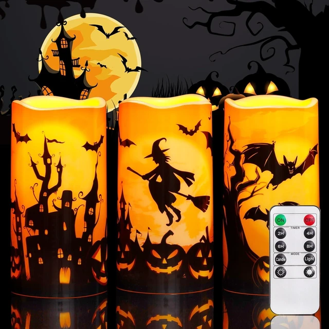 Main image of Halloween Waterproof Flameless LED Pillar Candle with Timer Remote | 3"x6" Plastic Battery Operated Candles with Realistic Flickering Flame for Party, Haunted Houses and Outdoor Decor, Orange