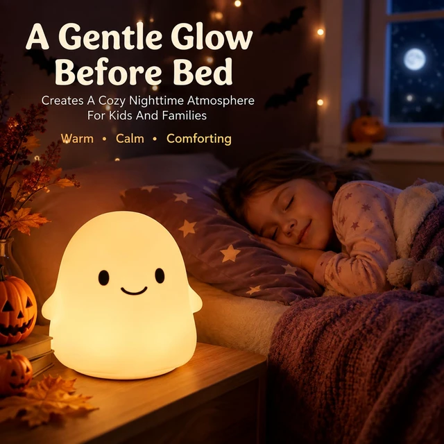 Alt view image 3 of 7 - Halloween Lamp Ghost Squishy Night Light Cute Room Decor Squishies Lights Gifts up Desk Pumpkin for Cozy Festive Bedroom Table Holiday Indoor Themed Ornament Home Party Shelf Display