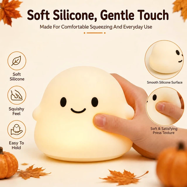 Alt view image 4 of 7 - Halloween Lamp Ghost Squishy Night Light Cute Room Decor Squishies Lights Gifts up Desk Pumpkin for Cozy Festive Bedroom Table Holiday Indoor Themed Ornament Home Party Shelf Display