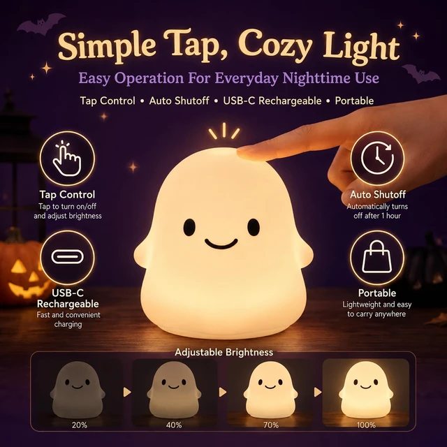 Alt view image 7 of 7 - Halloween Lamp Ghost Squishy Night Light Cute Room Decor Squishies Lights Gifts up Desk Pumpkin for Cozy Festive Bedroom Table Holiday Indoor Themed Ornament Home Party Shelf Display