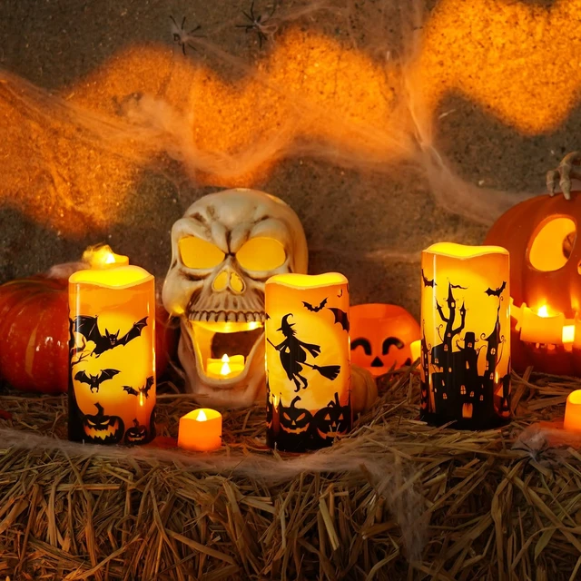 Alt view image 3 of 7 - Halloween Waterproof Flameless LED Pillar Candle with Timer Remote | 3"x6" Plastic Battery Operated Candles with Realistic Flickering Flame for Party, Haunted Houses and Outdoor Decor, Orange