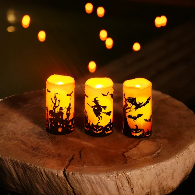 Alt view image 7 of 7 - Halloween Waterproof Flameless LED Pillar Candle with Timer Remote | 3"x6" Plastic Battery Operated Candles with Realistic Flickering Flame for Party, Haunted Houses and Outdoor Decor, Orange