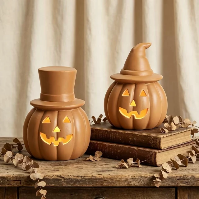 Alt view image 2 of 7 - Halloween Pumpkin Lights Decorations for Fall Home Table Decor | Brown Terracotta Jack O Lantern Pumpkin, Battery Operated LED Light, Perfect for Mantle Coffee Table Office Shelf Decor, 2PCS