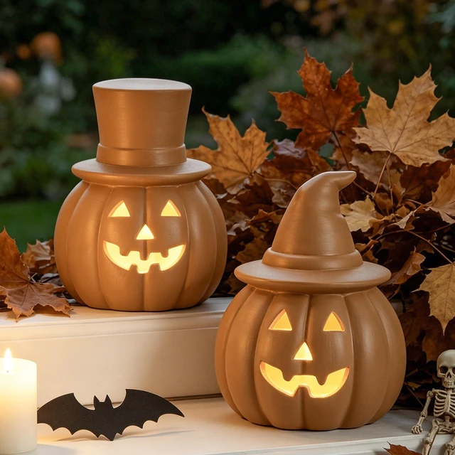 Main image of Halloween Pumpkin Lights Decorations for Fall Home Table Decor | Brown Terracotta Jack O Lantern Pumpkin, Battery Operated LED Light, Perfect for Mantle Coffee Table Office Shelf Decor, 2PCS