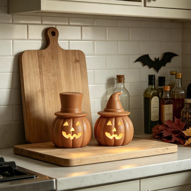 Alt view image 3 of 7 - Halloween Pumpkin Lights Decorations for Fall Home Table Decor | Brown Terracotta Jack O Lantern Pumpkin, Battery Operated LED Light, Perfect for Mantle Coffee Table Office Shelf Decor, 2PCS