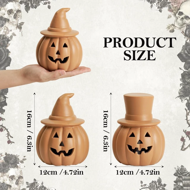 Alt view image 4 of 7 - Halloween Pumpkin Lights Decorations for Fall Home Table Decor | Brown Terracotta Jack O Lantern Pumpkin, Battery Operated LED Light, Perfect for Mantle Coffee Table Office Shelf Decor, 2PCS