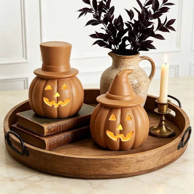 Alt view image 5 of 7 - Halloween Pumpkin Lights Decorations for Fall Home Table Decor | Brown Terracotta Jack O Lantern Pumpkin, Battery Operated LED Light, Perfect for Mantle Coffee Table Office Shelf Decor, 2PCS