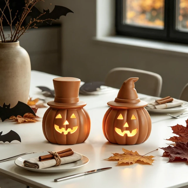 Alt view image 6 of 7 - Halloween Pumpkin Lights Decorations for Fall Home Table Decor | Brown Terracotta Jack O Lantern Pumpkin, Battery Operated LED Light, Perfect for Mantle Coffee Table Office Shelf Decor, 2PCS