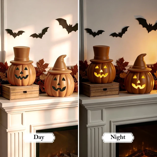 Alt view image 7 of 7 - Halloween Pumpkin Lights Decorations for Fall Home Table Decor | Brown Terracotta Jack O Lantern Pumpkin, Battery Operated LED Light, Perfect for Mantle Coffee Table Office Shelf Decor, 2PCS