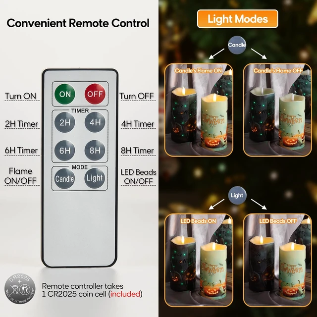 Alt view image 3 of 7 - Halloween Pumpkin Fiber Optic Flameless Pillar Candles with Remote | Halloween Decorations Home Table Shelf Mantel Decor, Flickering Spooky LED Candles, 3 AA Battery Operated, Set of 2