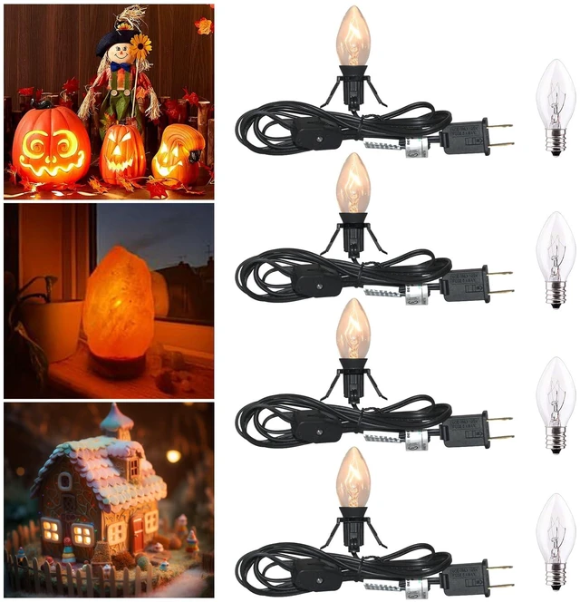 Main image of 4 Pack Black Accessory Cord with 8Pcs C7 Bulbs (4 for Spare), 6 Feet Clip-in Lamp Cord with On/Off, Light up Halloween Xmas Decor - Lights for Pumpkin Christmas Village House Salt Lamp & Blow Mold