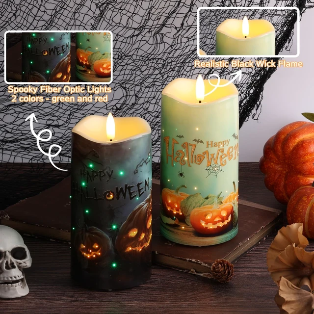 Alt view image 2 of 7 - Halloween Pumpkin Fiber Optic Flameless Pillar Candles with Remote | Halloween Decorations Home Table Shelf Mantel Decor, Flickering Spooky LED Candles, 3 AA Battery Operated, Set of 2