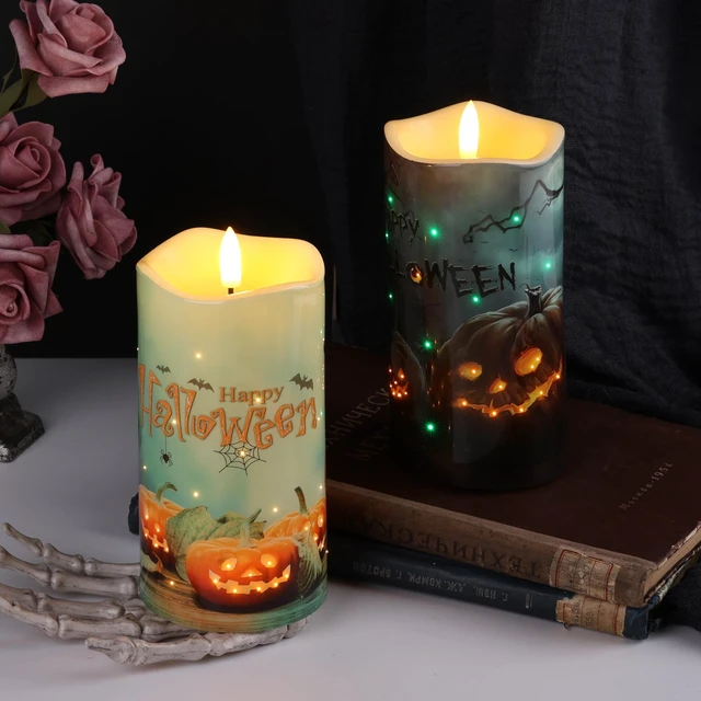Alt view image 4 of 7 - Halloween Pumpkin Fiber Optic Flameless Pillar Candles with Remote | Halloween Decorations Home Table Shelf Mantel Decor, Flickering Spooky LED Candles, 3 AA Battery Operated, Set of 2