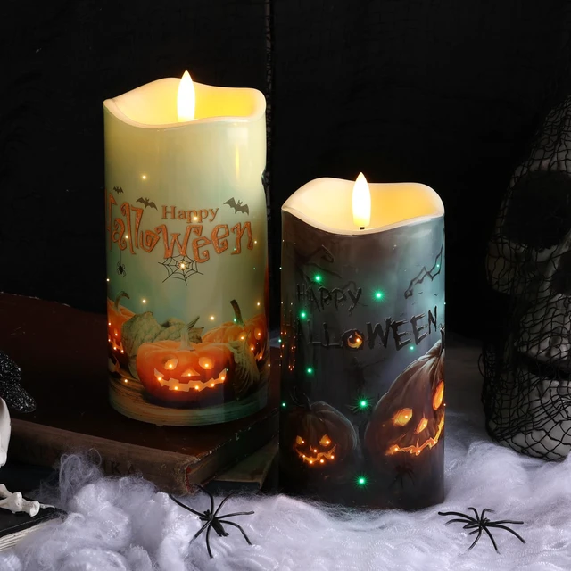 Alt view image 5 of 7 - Halloween Pumpkin Fiber Optic Flameless Pillar Candles with Remote | Halloween Decorations Home Table Shelf Mantel Decor, Flickering Spooky LED Candles, 3 AA Battery Operated, Set of 2