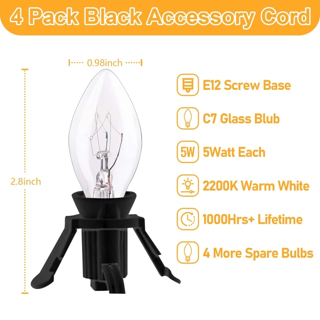 Alt view image 3 of 7 - 4 Pack Black Accessory Cord with 8Pcs C7 Bulbs (4 for Spare), 6 Feet Clip-in Lamp Cord with On/Off, Light up Halloween Xmas Decor - Lights for Pumpkin Christmas Village House Salt Lamp & Blow Mold