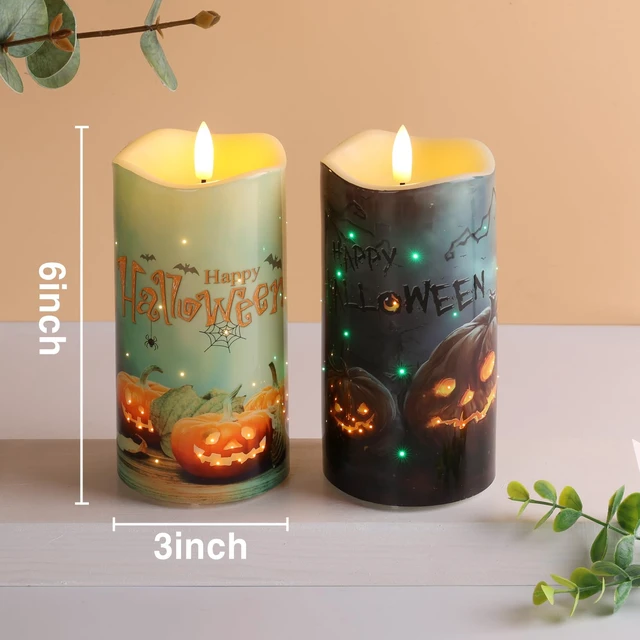 Alt view image 6 of 7 - Halloween Pumpkin Fiber Optic Flameless Pillar Candles with Remote | Halloween Decorations Home Table Shelf Mantel Decor, Flickering Spooky LED Candles, 3 AA Battery Operated, Set of 2