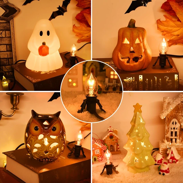 Alt view image 5 of 7 - 4 Pack Black Accessory Cord with 8Pcs C7 Bulbs (4 for Spare), 6 Feet Clip-in Lamp Cord with On/Off, Light up Halloween Xmas Decor - Lights for Pumpkin Christmas Village House Salt Lamp & Blow Mold
