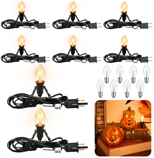 Main image of 8 Sets Lights for Pumpkins, 6Ft Black Accessory Cords + 16Pcs C7 Bulbs, Lamp Cord with Switch for Light up Halloween Blow Mold Carved Pumpkin Christmas Village Lights & Salt Lamp Cord Replacement, 5W