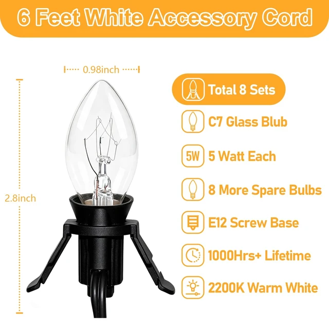 Alt view image 2 of 7 - 8 Sets Lights for Pumpkins, 6Ft Black Accessory Cords + 16Pcs C7 Bulbs, Lamp Cord with Switch for Light up Halloween Blow Mold Carved Pumpkin Christmas Village Lights & Salt Lamp Cord Replacement, 5W