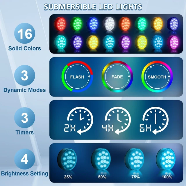 Alt view image 3 of 6 - Pool Lights, Upgraded Rechargeable Submersible LED Lights with Remote IP68 Waterproof 16 Colors Hot Tub Underwater Pool Lights for Above Ground Inground Pool, Bath, Party, Vase 2 Pack