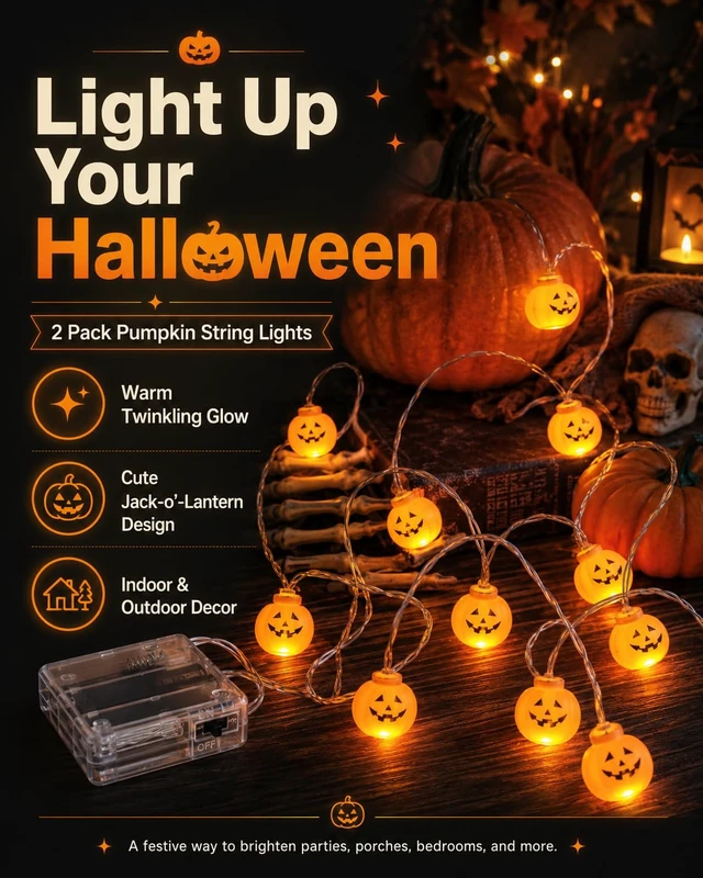 Alt view image 2 of 7 - 2 Pack Halloween Lights Indoor Pumpkin Decorations Decor Twinkling Pumpkins Light up Twinkle String Lamp Lantern Battery Operated Night Plastic olantern Pool Skull Pumkin