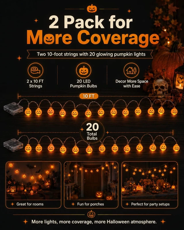 Alt view image 5 of 7 - 2 Pack Halloween Lights Indoor Pumpkin Decorations Decor Twinkling Pumpkins Light up Twinkle String Lamp Lantern Battery Operated Night Plastic olantern Pool Skull Pumkin
