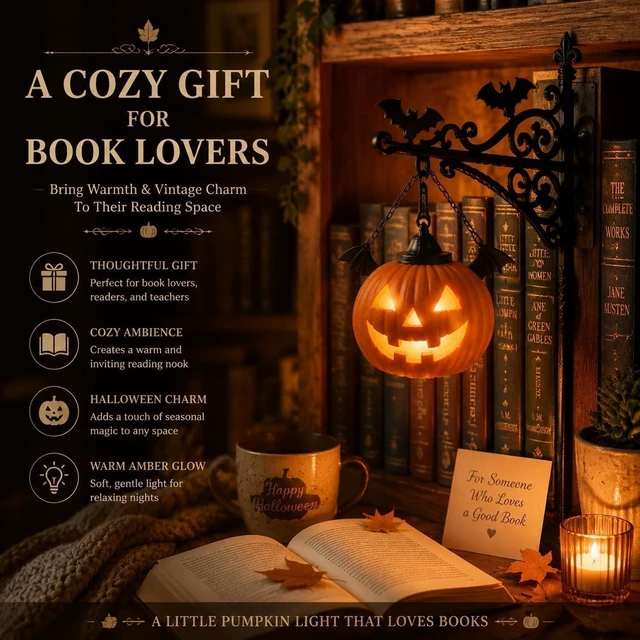Alt view image 2 of 6 - Pumpkin Library Lantern Mini Bookshelf Lamp LED Book Nook Shelf Decor | Spooky Pumpkin Book Nook Light, Cozy Warm LED Bookshelf Decor for Reading Nook, Unique Gift for Book Lovers, Halloween Decor