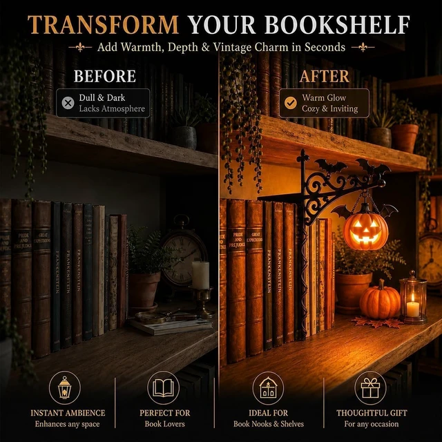 Alt view image 3 of 6 - Pumpkin Library Lantern Mini Bookshelf Lamp LED Book Nook Shelf Decor | Spooky Pumpkin Book Nook Light, Cozy Warm LED Bookshelf Decor for Reading Nook, Unique Gift for Book Lovers, Halloween Decor