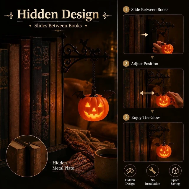 Alt view image 4 of 6 - Pumpkin Library Lantern Mini Bookshelf Lamp LED Book Nook Shelf Decor | Spooky Pumpkin Book Nook Light, Cozy Warm LED Bookshelf Decor for Reading Nook, Unique Gift for Book Lovers, Halloween Decor