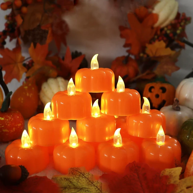 Alt view image 4 of 6 - 24 Pack Halloween Decorations Indoor Pumpkin Tea Lights Fall Table decor | Flameless Orange Light Up LED Pumpkin Lights Candles Battery Operated, Thanksgiving Flickering Tealights for Home Room Decor