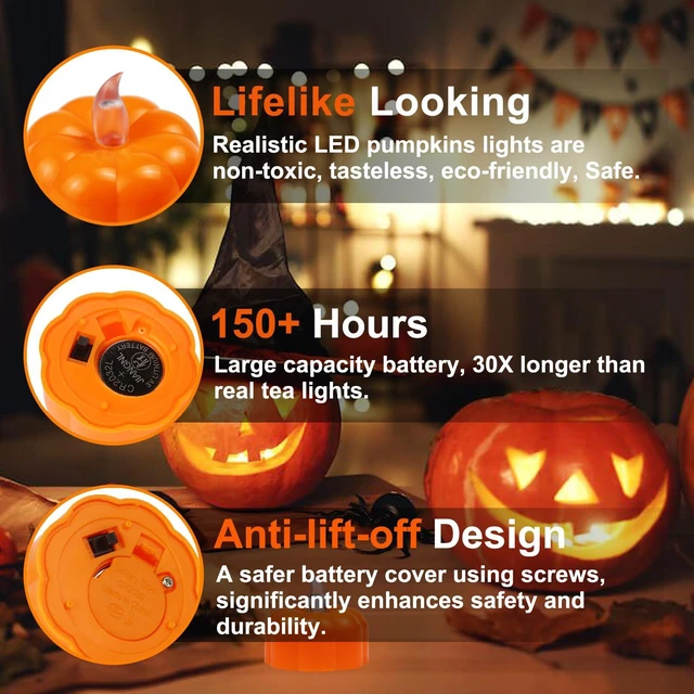 Alt view image 3 of 6 - 24 Pack Halloween Decorations Indoor Pumpkin Tea Lights Fall Table decor | Flameless Orange Light Up LED Pumpkin Lights Candles Battery Operated, Thanksgiving Flickering Tealights for Home Room Decor