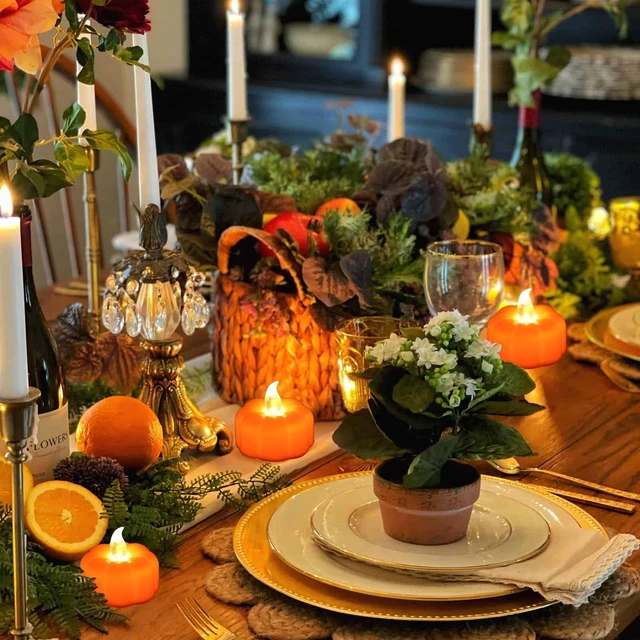 Alt view image 6 of 6 - 24 Pack Halloween Decorations Indoor Pumpkin Tea Lights Fall Table decor | Flameless Orange Light Up LED Pumpkin Lights Candles Battery Operated, Thanksgiving Flickering Tealights for Home Room Decor