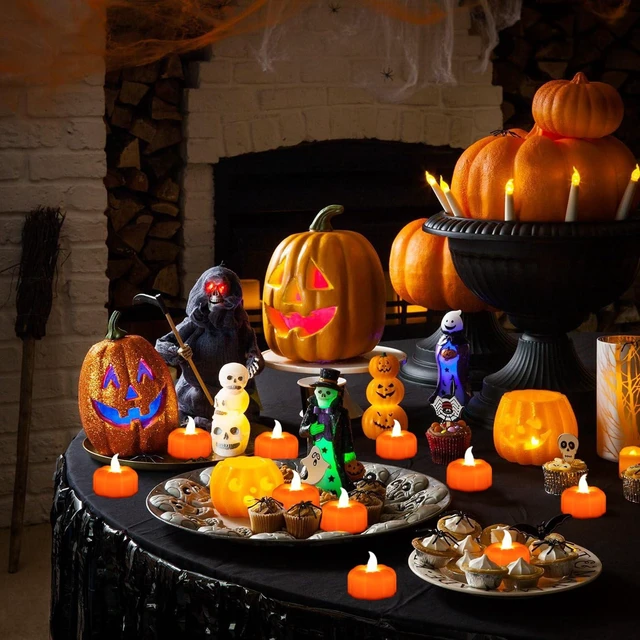 Alt view image 5 of 6 - 24 Pack Halloween Decorations Indoor Pumpkin Tea Lights Fall Table decor | Flameless Orange Light Up LED Pumpkin Lights Candles Battery Operated, Thanksgiving Flickering Tealights for Home Room Decor
