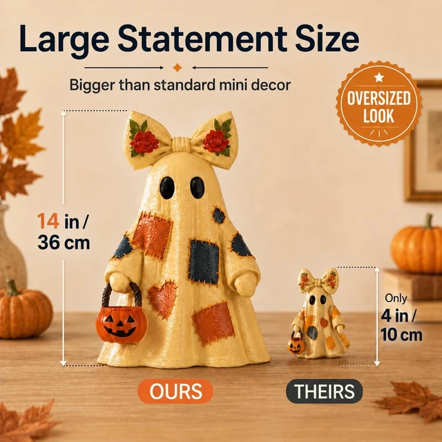 Alt view image 2 of 7 - 14 in Large Lighted Patchwork Ghost Figurine with Pumpkin Lantern & Remote | Vintage Rustic Resin Ghost Statue with Remote Timer Lights String, Halloween Decor Indoor
