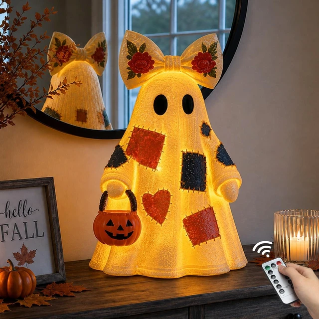 Main image of 14 in Large Lighted Patchwork Ghost Figurine with Pumpkin Lantern & Remote | Vintage Rustic Resin Ghost Statue with Remote Timer Lights String, Halloween Decor Indoor