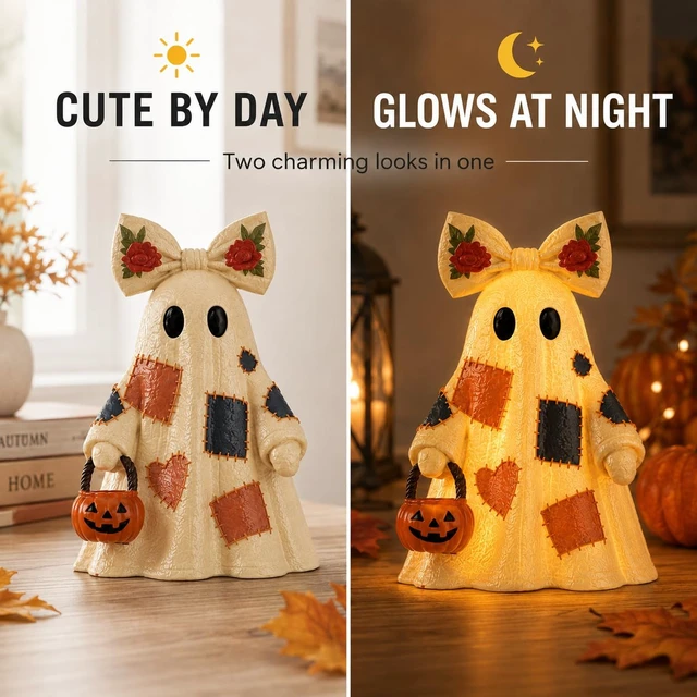 Alt view image 4 of 7 - 14 in Large Lighted Patchwork Ghost Figurine with Pumpkin Lantern & Remote | Vintage Rustic Resin Ghost Statue with Remote Timer Lights String, Halloween Decor Indoor