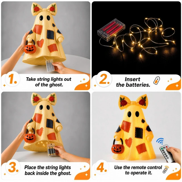 Alt view image 3 of 7 - 14 in Large Lighted Patchwork Ghost Figurine with Pumpkin Lantern & Remote | Vintage Rustic Resin Ghost Statue with Remote Timer Lights String, Halloween Decor Indoor
