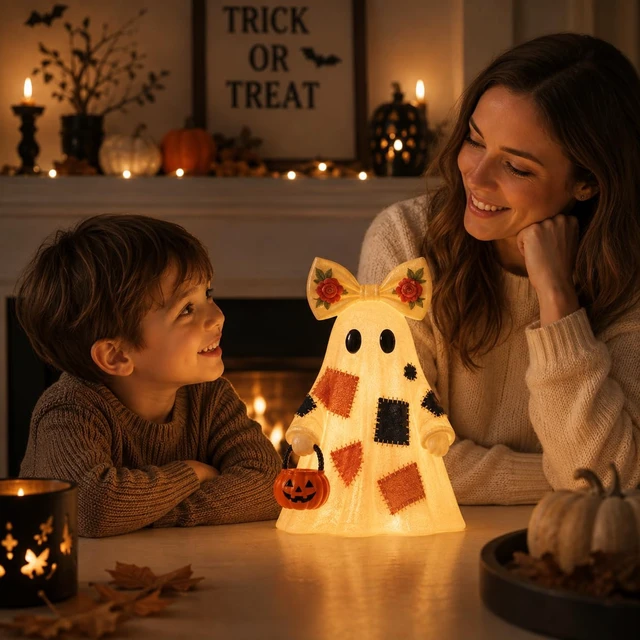Alt view image 5 of 7 - 14 in Large Lighted Patchwork Ghost Figurine with Pumpkin Lantern & Remote | Vintage Rustic Resin Ghost Statue with Remote Timer Lights String, Halloween Decor Indoor