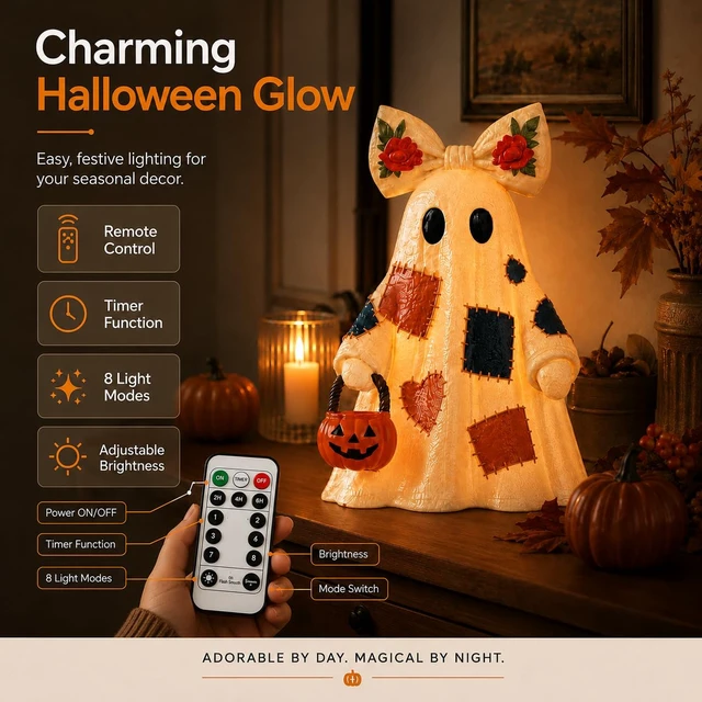 Alt view image 6 of 7 - 14 in Large Lighted Patchwork Ghost Figurine with Pumpkin Lantern & Remote | Vintage Rustic Resin Ghost Statue with Remote Timer Lights String, Halloween Decor Indoor