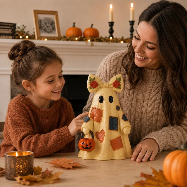 Alt view image 7 of 7 - 14 in Large Lighted Patchwork Ghost Figurine with Pumpkin Lantern & Remote | Vintage Rustic Resin Ghost Statue with Remote Timer Lights String, Halloween Decor Indoor