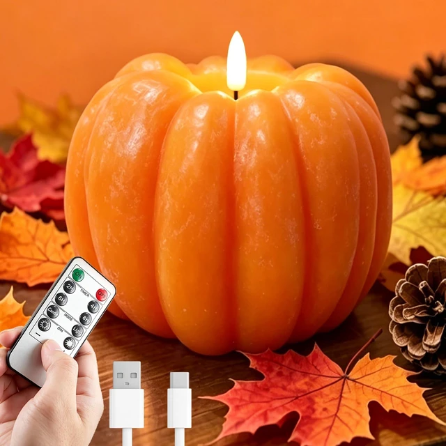 Main image of Fall Decor- 300 Hours Rechargeable Flickering Flameless Wax Pumpkin Candles | Halloween Decoration LED Autumn Decor for Thanksgiving, Farmhouse, Remote, Timer, Mantel Table Indoor-D5.5 x H4.5