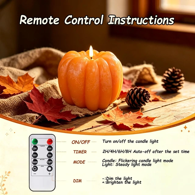 Alt view image 2 of 7 - Fall Decor- 300 Hours Rechargeable Flickering Flameless Wax Pumpkin Candles | Halloween Decoration LED Autumn Decor for Thanksgiving, Farmhouse, Remote, Timer, Mantel Table Indoor-D5.5 x H4.5